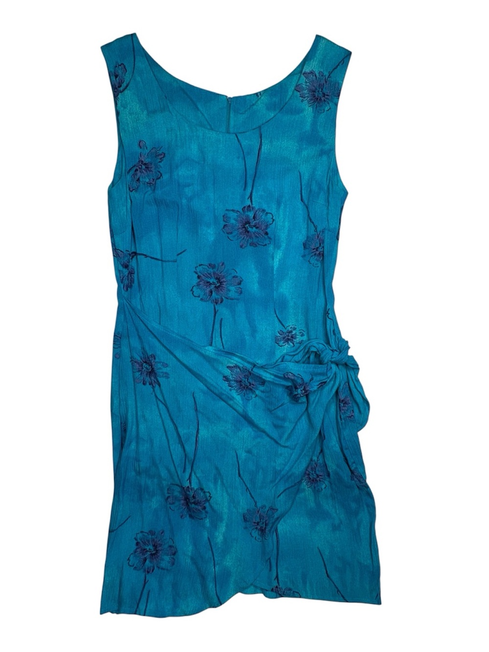 Vintage ‘90’s Turquoise Sleeveless Wrap Tie Dress Blue Flowers Size 7/8 Juniors